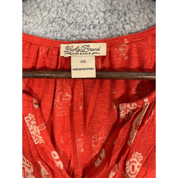 Lucky Brand XS Orange Blouse Top Geometric Tapestry Design Lace Window Shoulder - Picture 2 of 11